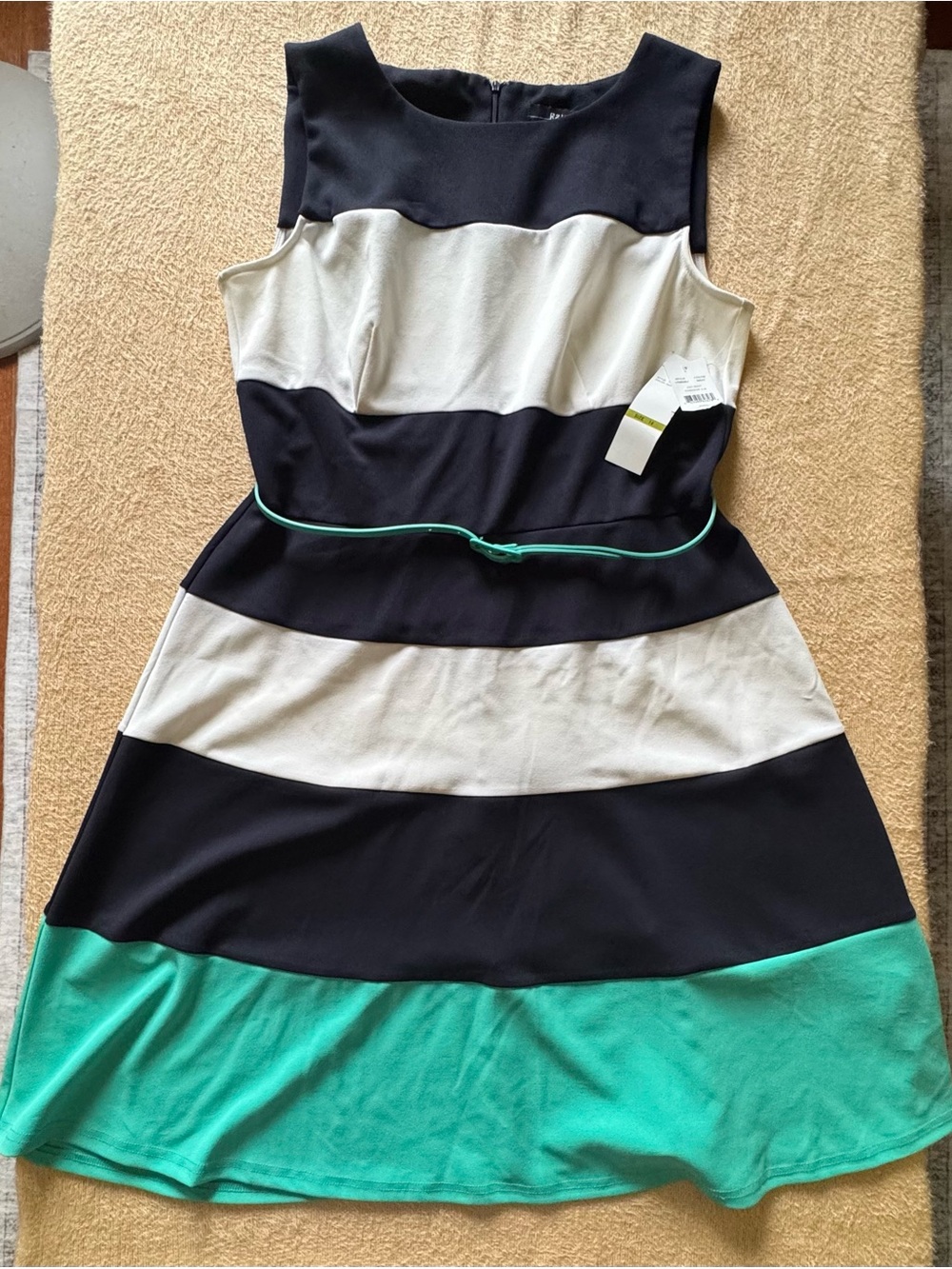 R&K Sleeveless Striped Midi Dress in Black, White & Teal